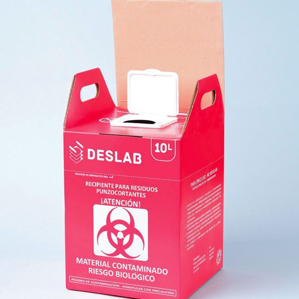 Recipiente para la eliminación de residuos punzocortantes biocontaminados de cartón microcorrugado de 10 litros